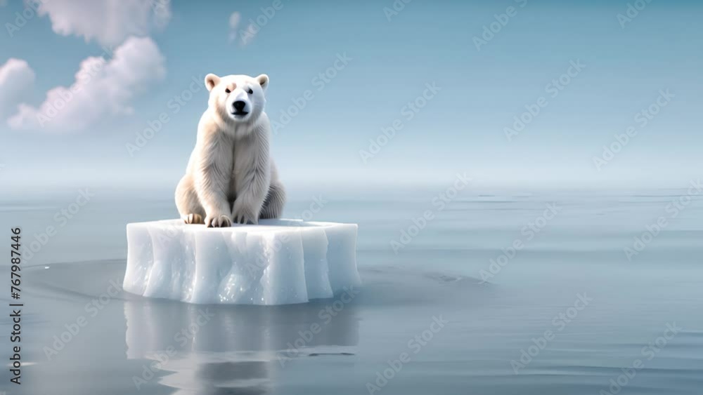 A polar bear sits on a small ice floe, surrounded by vast expanses of ...