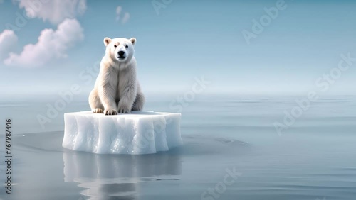 A polar bear sits on a small ice floe, surrounded by vast expanses of melting ocean. The once frozen landscape is rapidly transforming due to the effects of global warming. Generative AI photo