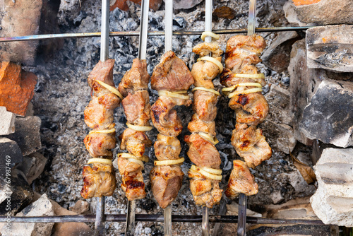 Shish kebab on the improvised oven made of brick