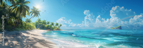 tropical beach with palm trees   coco palms and blue water sea on blue sky background  banner  poster  