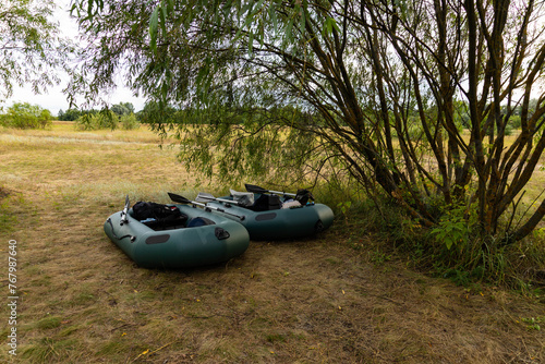 Travel, rafting on an inflatable rubber boat on the river. Active recreation concept.