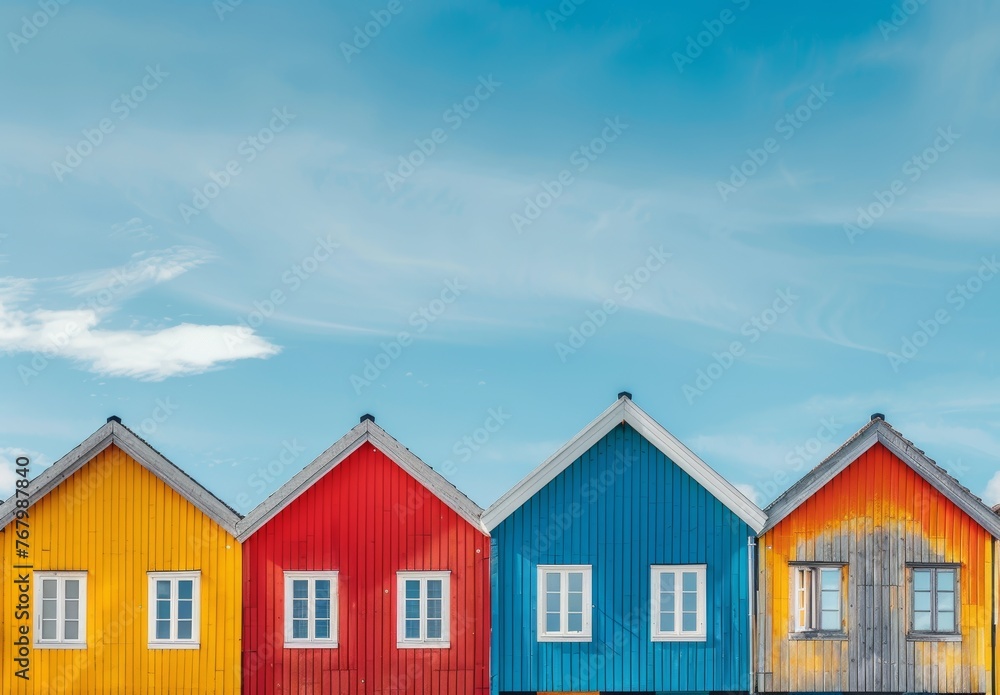 Colorful, wooden, cute houses lined up in a row