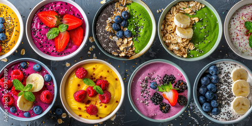 Colorful Smoothie Bowls with Fresh Berries, Bananas, and Toppings for Healthy Breakfast or Snack Concept