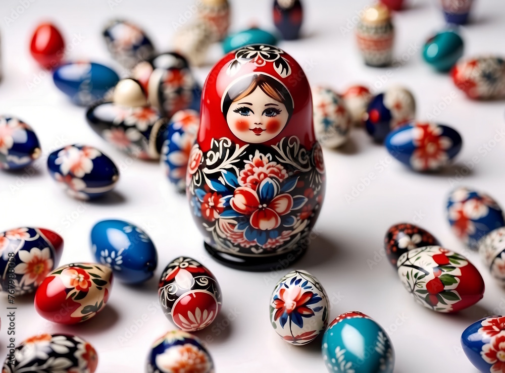 Russian Doll Matryoshka, Happy Easter concept, white background