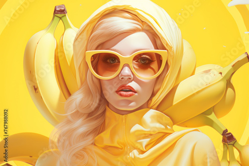 Beautiful girl in yellow hoodie and stylish sunglasses. Contemporaty modern art