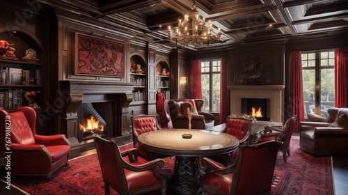 Lavish residential poker parlor with fireplace inglenooks, coffered ceilings, leather topped game tables, and clubby aesthetic