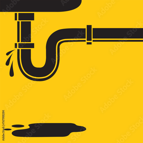 plumbing service pattern with leaking pipe and water puddle isolated on yellow background