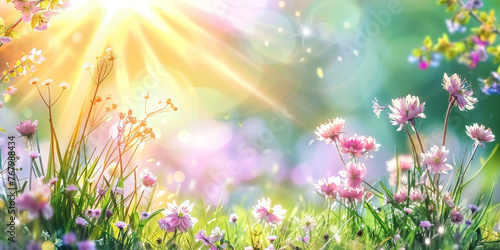 Beautiful spring meadow with grass and flowers in sunlight background banner, spring themed designs, nature projects, backgrounds, greeting cards, and floralthemed marketing materials. © Planetz