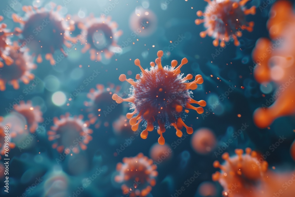 A microscopic view of a virus outbreak, floating cells, macro shot of the flu, covid, influenza. A microscopic view of a virus outbreak, floating cells, macro shot of the flu, covid, influenza.