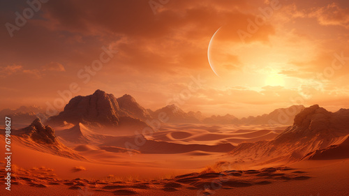  A rugged desert landscape with sand dunes stretching to the horizon under a blazing sun.