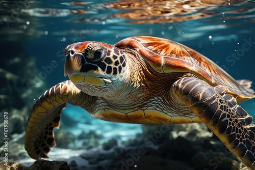 Marine turtle feeding on algae in the ocean., generative IA © JONATAS