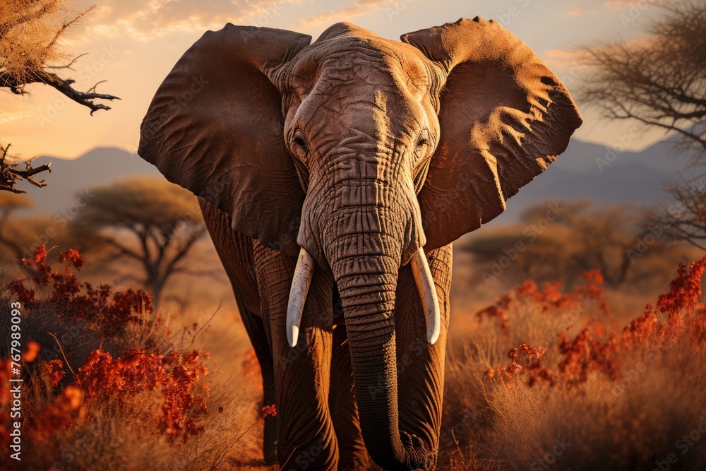 African elephant in Savana at sunset., generative IA