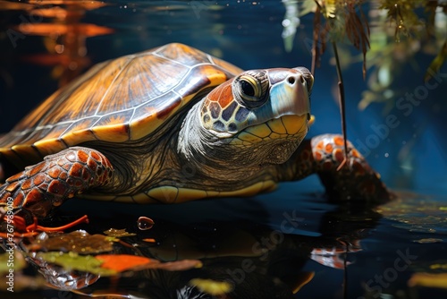 Serene turtle sliding in a calm lake., generative IA © JONATAS