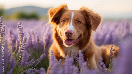 A cute Brown retriever dog, Toller standing in a field with purple flowers in a lavender field at sunset. The dog looks with a curious expression on his face. The scene is peaceful and serene