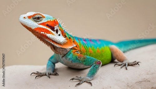 A Lizard With Vibrant Colors Against A Neutral Bac © Khadim