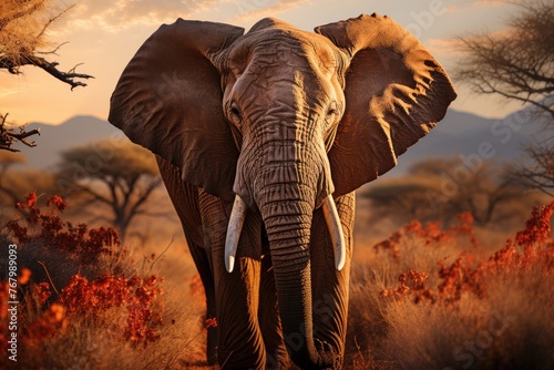 African elephant in Savana at sunset., generative IA