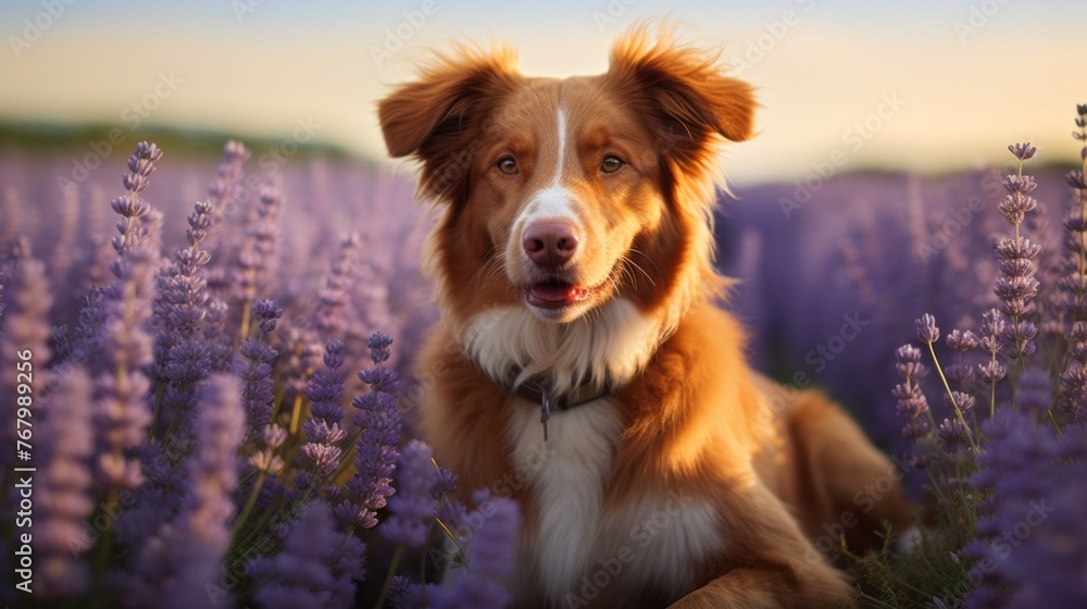 A cute Brown retriever dog, Toller standing in a field with purple flowers in a lavender field at sunset. The dog looks at the camera with a curious expression on his face.