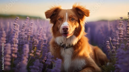 A cute Brown retriever dog, Toller standing in a field with purple flowers in a lavender field at sunset. The dog looks at the camera with a curious expression on his face.