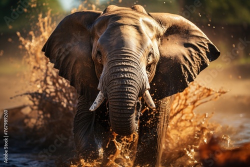 African elephant raises dust in bath ritual., generative IA © JONATAS