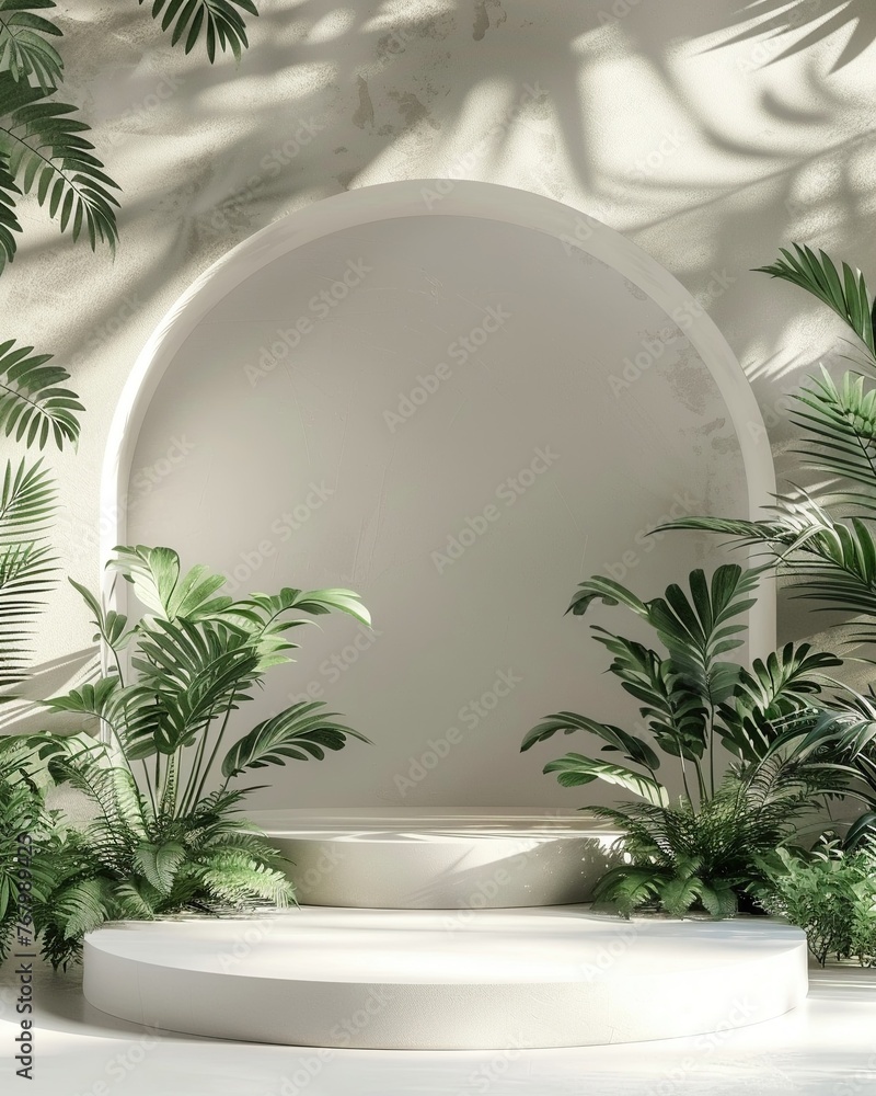 Ecofriendly podium adorned with lush greenery, in a sunlit botanical garden ,3D render