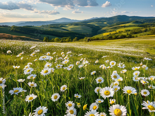 Daisies bloom in a vast meadow under a sunny sky, creating a picturesque scene of natural beauty