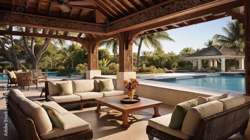 Lavish tropical outdoor living room with a covered pavilion made of solid carved wood beams in an intricate lattice pattern
