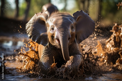 Baby elephant has fun in the mud with other puppies., generative IA