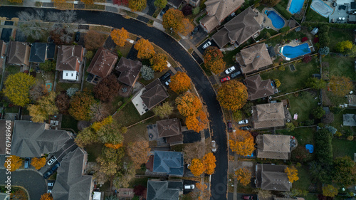 An aerial view of a colorful Suburban Street in the fall