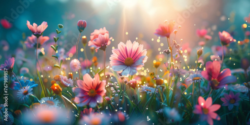  Beautiful spring meadow with grass and flowers in sunlight background banner, spring themed designs, nature projects, backgrounds, greeting cards, and floralthemed marketing materials.