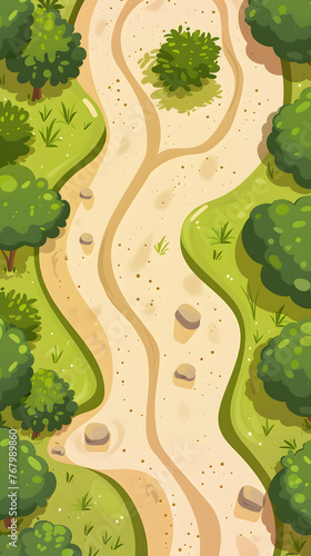 Cartoon style drawing path from bottom to the top, with grass with , trees and  bushes. Top view illustration map for 2D game art photo