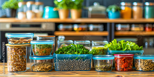 Healthy Food Ingredients in Jars, Organic Cooking and Vegan Diet Concept, Kitchen Shelf