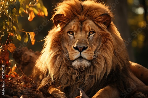 Majestic lion resting under radiant sun in clearing., generative IA