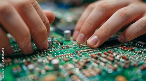 Macro shot of a circuit board being assembled by students, emphasizing hands-on learning in technology and coding.