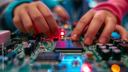 Within the realm of STEM education, a detailed macro shot captures the essence of hands-on learning as students meticulously assemble a circuit board.