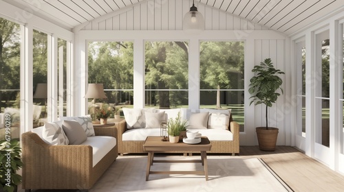 Light and bright modern farmhouse sunroom with vaulted beadboard ceilings and seamless indoor/outdoor living © Aeman