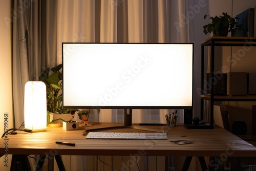 White display screen mockup. Modern monitor template Copy space. in home office. photo