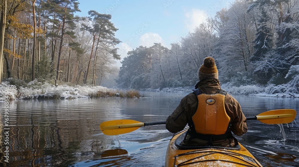A man kayaking on the lake in a winter landscape
