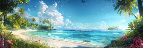 tropical beach with palm trees , coco palms and blue water sea on blue sky background, banner, poster, 
