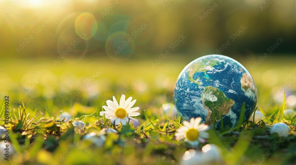Small globe rests among daisies in a sun-drenched, grassy field during springtime Small globe rests among daisies in a sun-drenched, grassy field during springtime