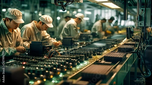 Innovative world of a Chinese semiconductor factory, where highly trained workers operate machinery, crafting and testing intricate electronic components. Generative AI photo