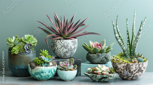Various types of succulents are neatly arranged in different pots, showcasing a beautiful variety of shapes, colors, and textures