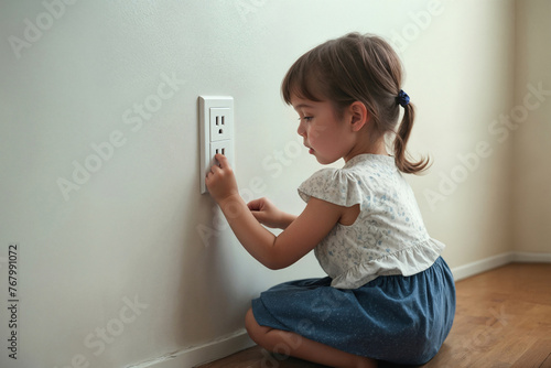 Girl touches socket in wall with fingers, danger of electric shock, Film grain effect