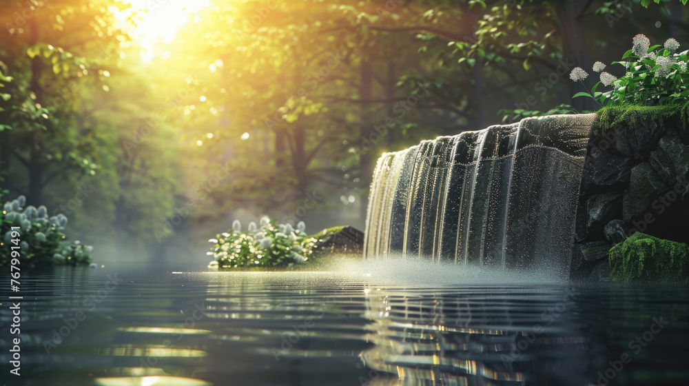 A powerful waterfall cascades in the center of a lake, encircled by lush green trees creating a striking natural spectacle A powerful waterfall cascades in the center of a lake, encircled by lush green trees creating a striking natural spectacle