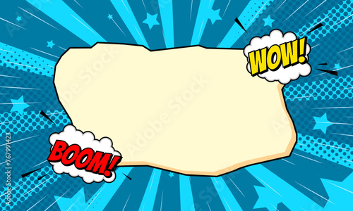 wow comic background with blue rays and stars. cartoon blank paper speech bubble