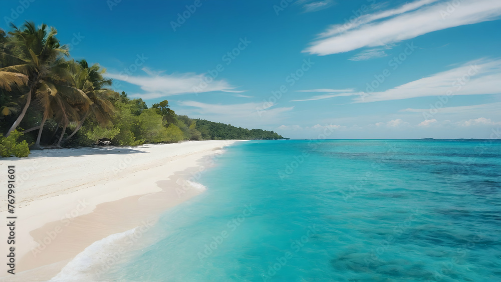Photo real for A secluded beach with turquoise waters in Summer Season theme ,Full depth of field, clean bright tone, high quality ,include copy space, No noise, creative idea