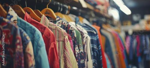 A variety of colorful shirts neatly arranged on hangers in rows on a display rack in a clothing store
