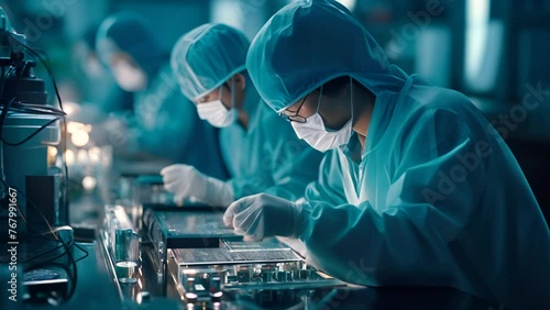 Workers in a Chinese semiconductor factory, as they meticulously assemble and quality check technological parts, driving the progress of the electronics industry. Generative AI photo