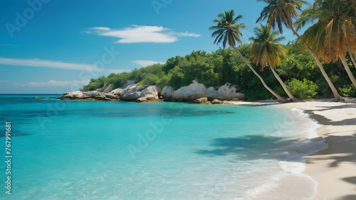 Photo real for A secluded beach with turquoise waters in Summer Season theme ,Full depth of field, clean bright tone, high quality ,include copy space, No noise, creative idea