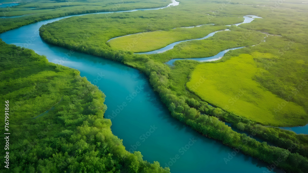 Photo real for Aerial view of a winding river through lush wetlands in Summer Season theme ,Full depth of field, clean bright tone, high quality ,include copy space, No noise, creative idea Photo real for Aerial view of a winding river through lush wetlands in Summer Season theme ,Full depth of field, clean bright tone, high quality ,include copy space, No noise, creative idea