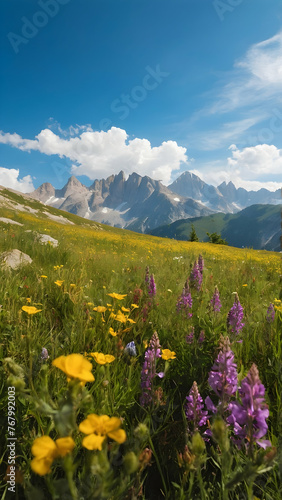 Photo real for Alpine meadow with wildflowers and a distant mountain range in Summer Season theme ,Full depth of field, clean bright tone, high quality ,include copy space, No noise, creative idea © Gohgah